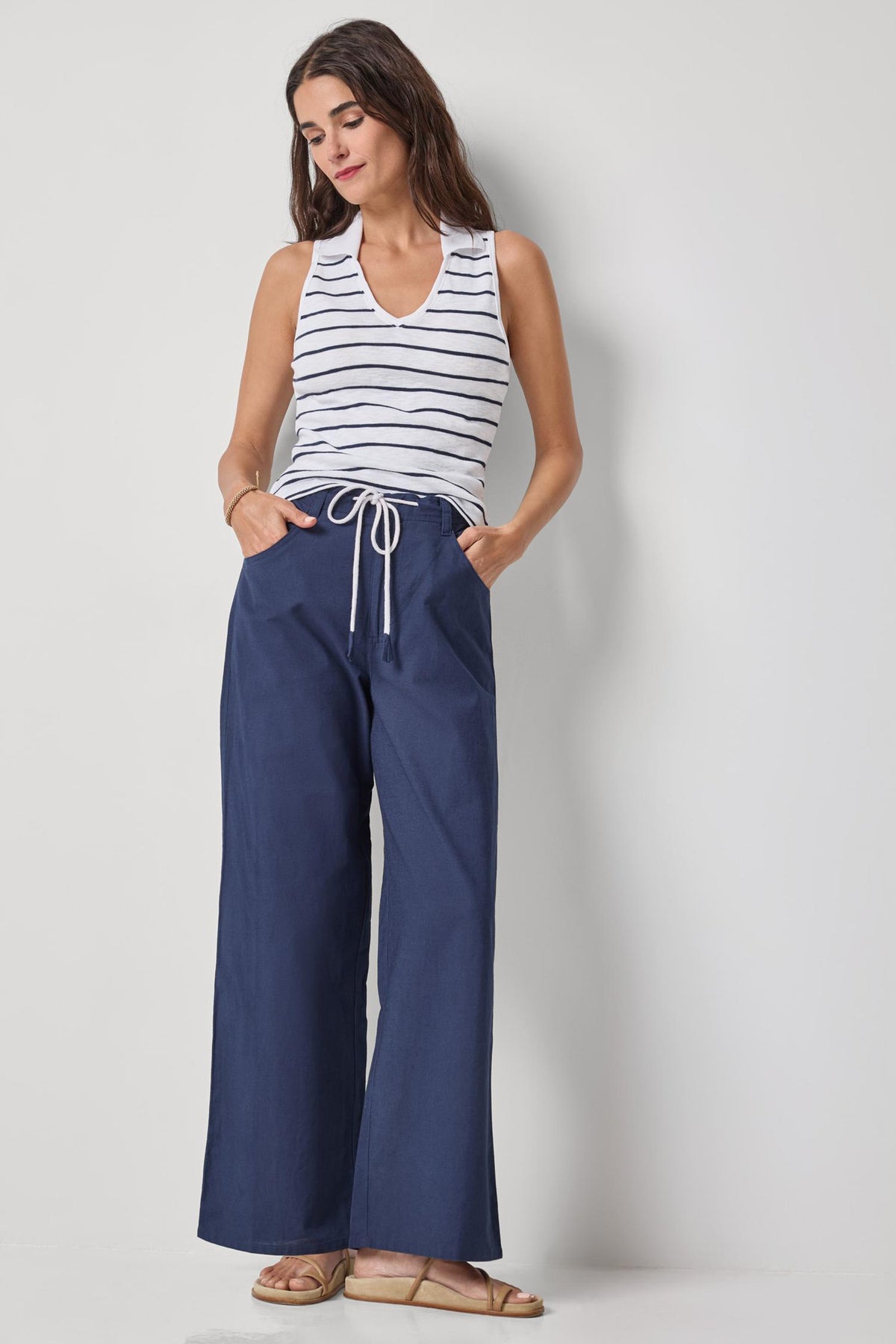 Lilla P Striped Sleeveless Collared Top
