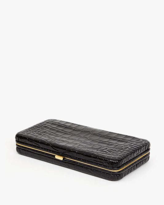 Clare V Le Tabac clutch in black Congo Croc, angle view