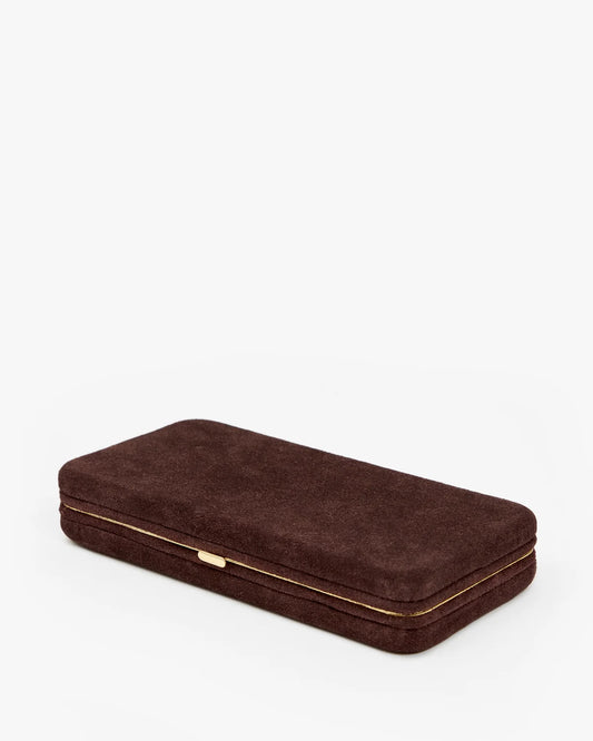 Clare V Le Tabac clutch in Truffle Suede, angle view