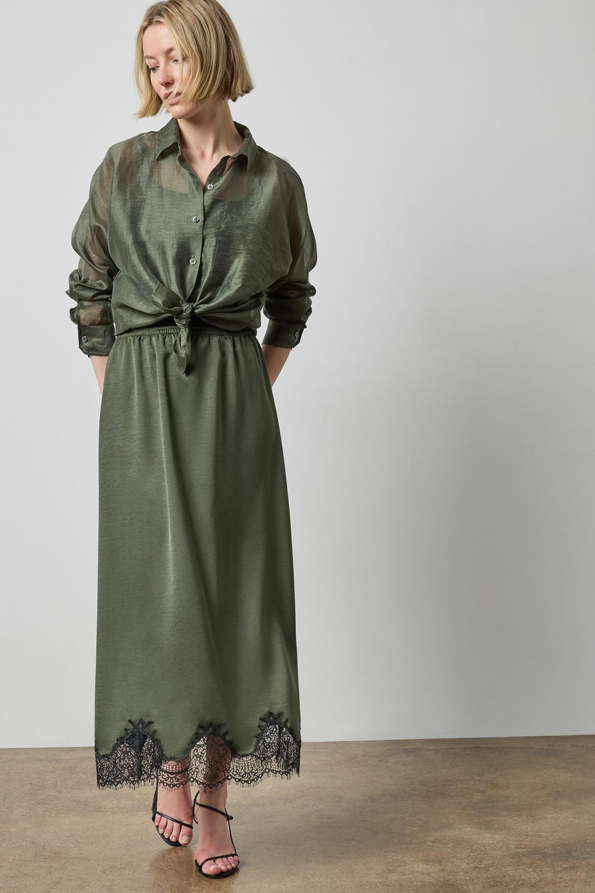 Lilla P Sheer Dolman Button Down in Fir Sheer