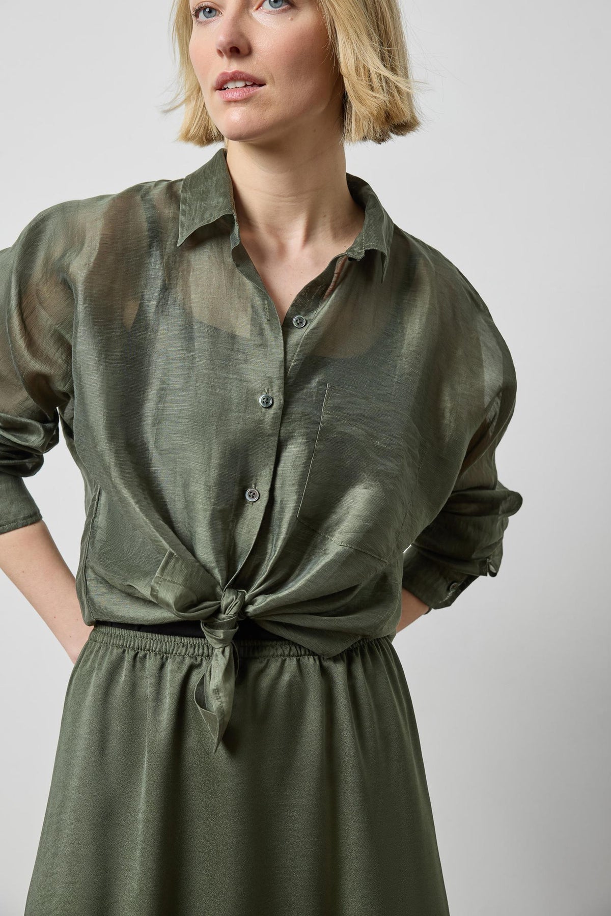Lilla P Sheer Dolman Button Down in Fir Sheer