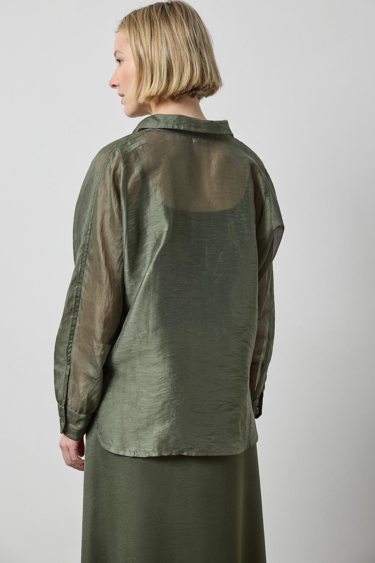Lilla P Sheer Dolman Button Down in Fir Sheer