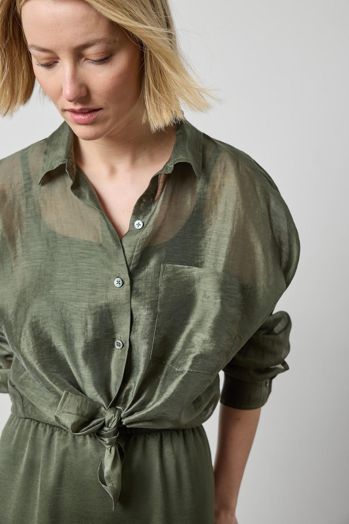 Lilla P Sheer Dolman Button Down in Fir Sheer